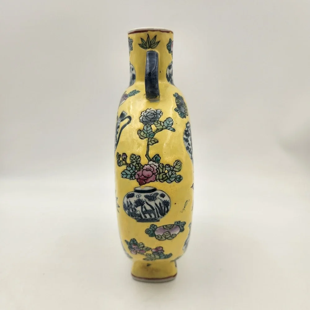 Chinese Yellow Ground Moonflask Vase Blue White Vessel Floral Design Seal Mark